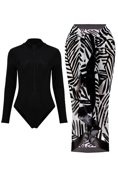 CUPSEA Black Long Sleeve Zippered Lycra Swimmer Swimsuit Black Leaf Pareo Set of 2