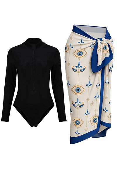 CUPSEA Black Long Sleeve Zippered Lycra Swimmer Swimsuit Evil Eye Bead Pareo Set of 2
