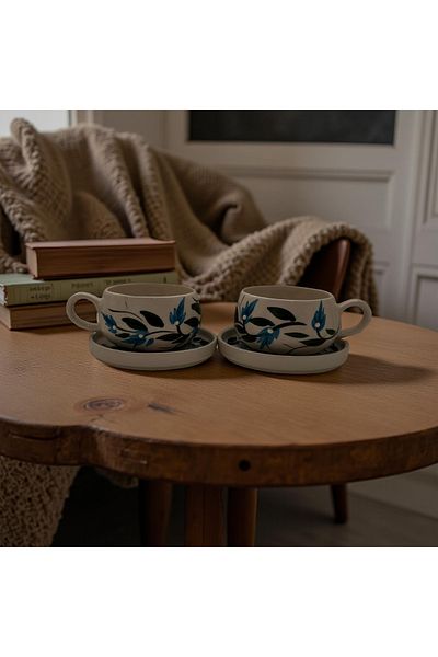 Çiporcal Beren Blue Grapevine Mug Set with 2 Plates Hand Decor Ceramic Mug