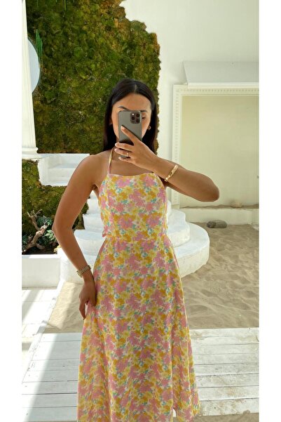 Nida Boutique Λινό φόρεμα με λουράκι που δένει τον λαιμό και λεπτομέρεια δεσίματος στη μέση