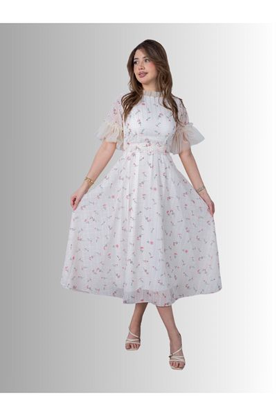 Nice Model Women Floral Midi Dress Short Sleeve Ruffle Summer Wedding Guest Party Elegant Feminine Outfit
