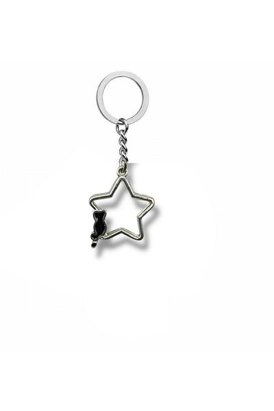 Herşey Nota Gothic Unisex Keychain with Star Star Cat Figure – Mysterious Power That Integrates with the Night