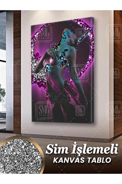 SML TABLO Simli Neon Pırıltılı Işık Nü Kadın Parti Müzik Sim İşlemeli Dikey K...