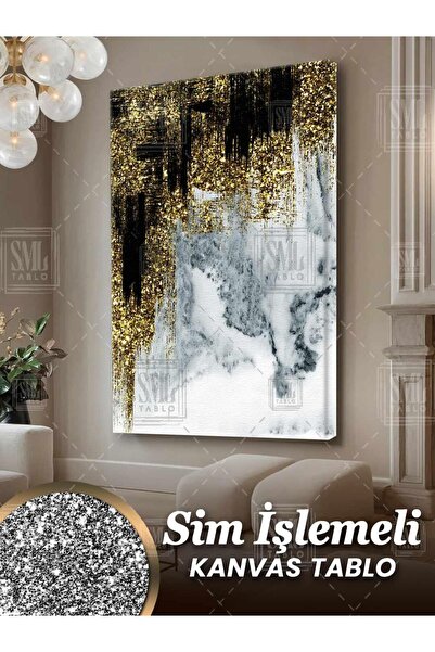 SML TABLO Simli Altın Mermer Modern Gold Dekoratif Pırıltılı Siyah Sim İşleme...
