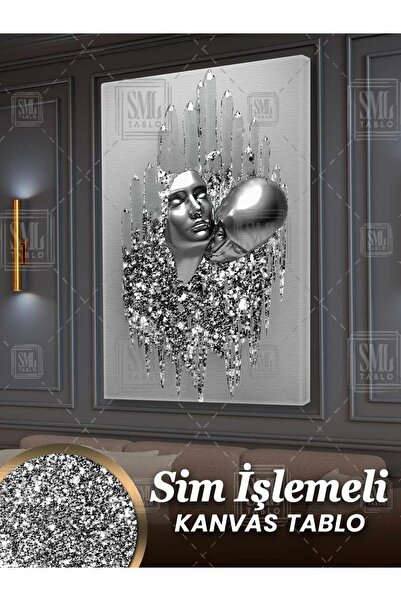 SML TABLO Simli Metal Pırıltılı Gümüş Çift Aşıklar Love Sim İşlemeli Dikey Kanvas Tablo