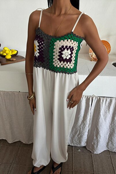 WeShaya Women's Ecru Patterned Woven Strap Long Jumpsuit