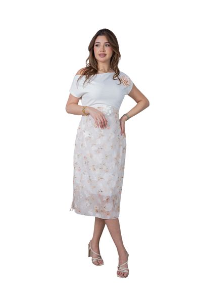Nice Model White Off Shoulder Midi Dress with Floral Sheer Skirt Rose Detail Elegant Wedding Guest Outfit