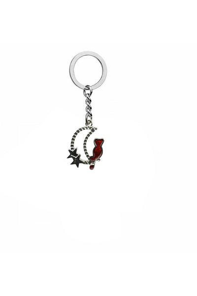 Herşey Nota Unisex Keychain with Moon Star and Red Cat Figure – Cute and Meaningful Daily Accessory