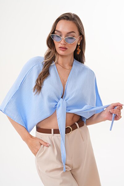 soi fashion Μπολερό μουσελίνα με δέσιμο μπροστά γαλάζιο