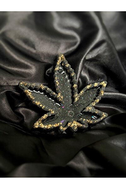 Milo Art Simli Glitterlı Altın Varaklı Siyah Epoksi Küllük Yaprak Şeklinde Ep...