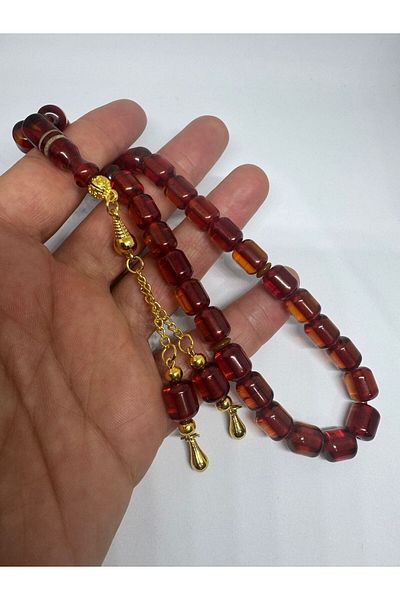 Tesbih Dünyası Amber Red Hairy Prayer Beads Alpaca Gold Plated Tassel