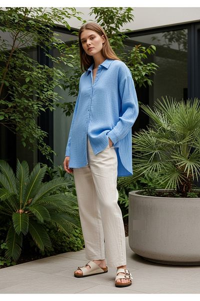 COMBİNE MİCHAİL New Season Women's Loose Cut Summer Shirt Sky Blue