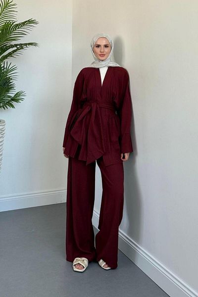 MERVEN AKYÜZ Eftelya Wide Belt Suit Claret Red