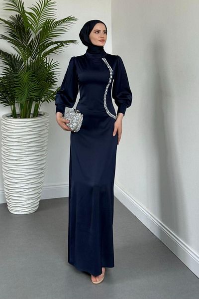 MERVEN AKYÜZ Βραδινό φόρεμα Nigina Side Stone Pencil Navy Blue