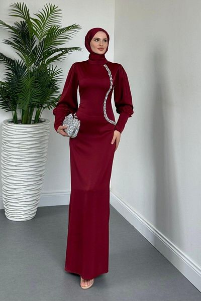 MERVEN AKYÜZ Βραδινό φόρεμα Nigina Side Stone Pen Claret Red