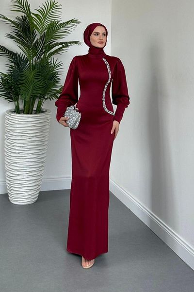 MERVEN AKYÜZ Βραδινό φόρεμα Nigina Side Stone Pen Claret Red