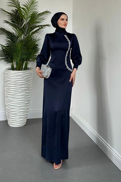 MERVEN AKYÜZ Βραδινό φόρεμα Nigina Side Stone Pencil Navy Blue