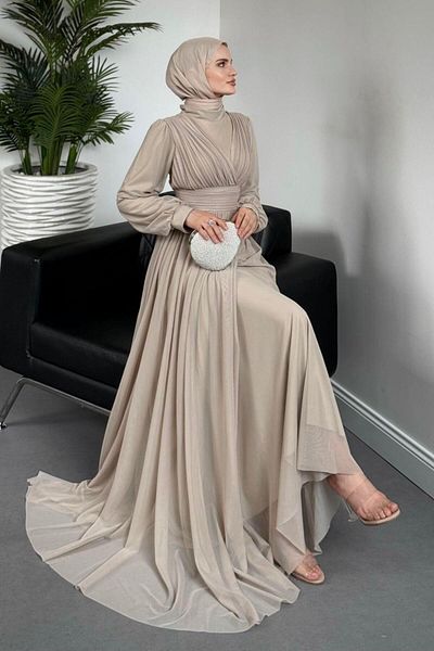 MERVEN AKYÜZ Alessi Waist Draped Tulle Evening Dress Milk Coffee