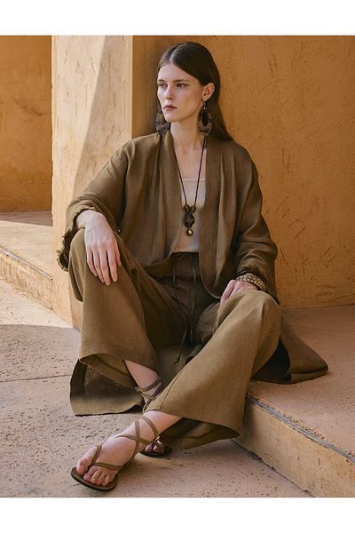 Kayra 100% Linen Lace Detailed Double Suit Dark Olive