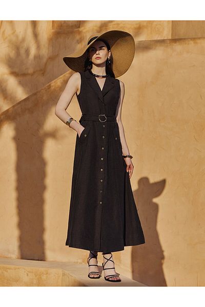 Kayra Viscose Linen Dress Black