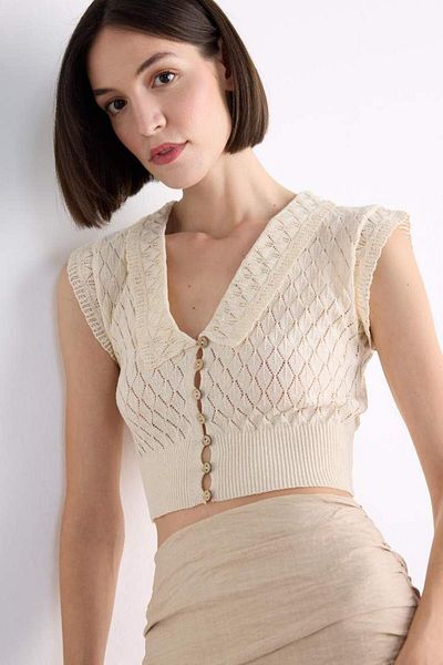 DeFacto New Season Crop Collar Buttoned Crochet Short Sleeve Cardigan