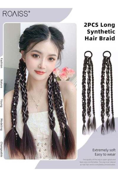 ROAISS Braided Ponytail Extension with Hair Pearl Ponytail Boxing Braids Wig ...