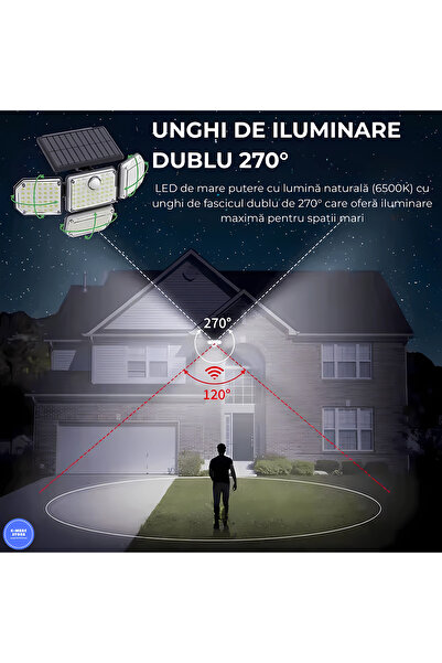 G-Merc Lampa Solara LED Exterior 3000lm, 181 LED, Senzor, 3 Moduri, IP65, 2400mAh, Telecomanda, Baterie 10h