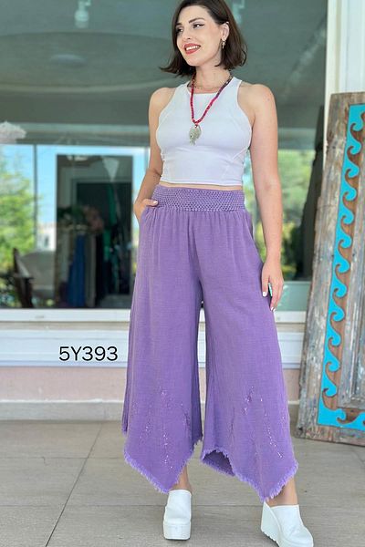 İnce Topuk Feather Embroidered Loose Linen Trousers 5Y393