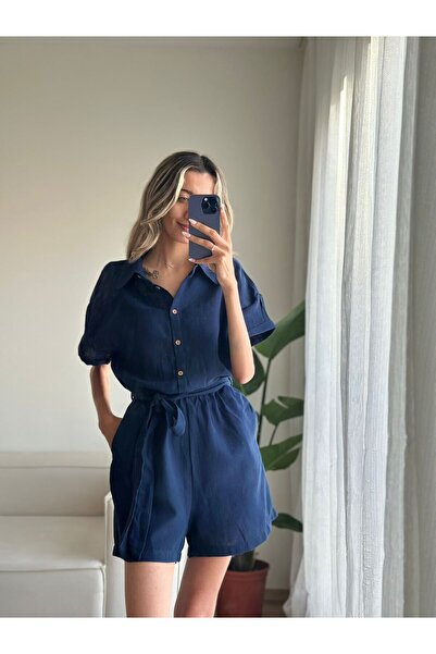 MODA Müslin Lacivert Kemerli Kadın Tulum