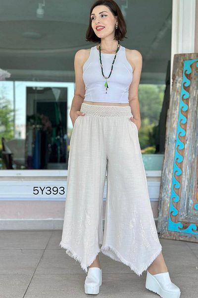 İnce Topuk Feather Embroidered Loose Linen Trousers 5Y393