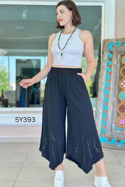 İnce Topuk Feather Embroidered Loose Linen Trousers 5Y393
