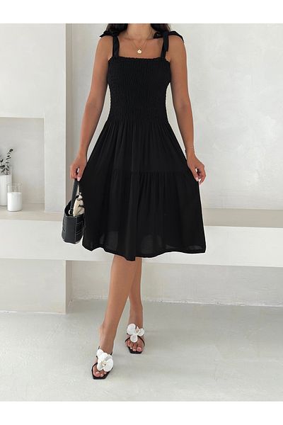 YUSUF CAN KARATAŞ KARATAŞ GİYİM Women's Black Color Skirt with Ruffles Flexible Strap Comfortable Summer Viscose Fabric Dress Height 100 cm