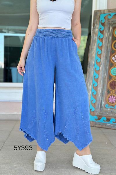 İnce Topuk Feather Embroidered Loose Linen Trousers 5Y393