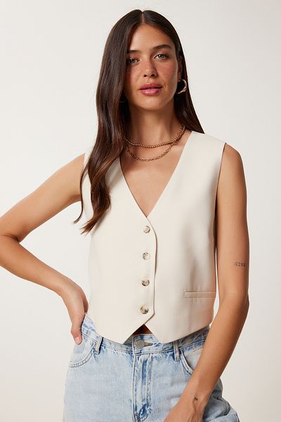 Lovelyİstanbul V-Neck Buttoned Woven Vest