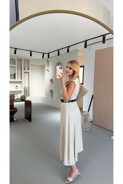 Sezgi Tekin Belted Piping Detail Natural Linen Dress