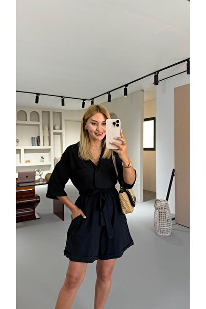 Sezgi Tekin Shirt Collar Black Shorts Jumpsuit with Adjustable Waist