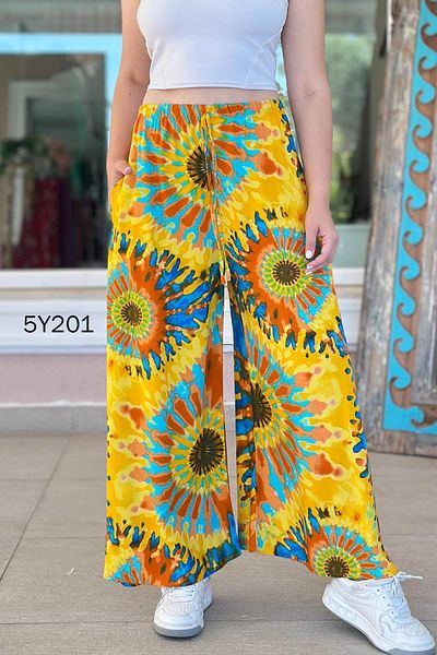 İnce Topuk Patterned Viscose Wide Leg Trousers 5Y201