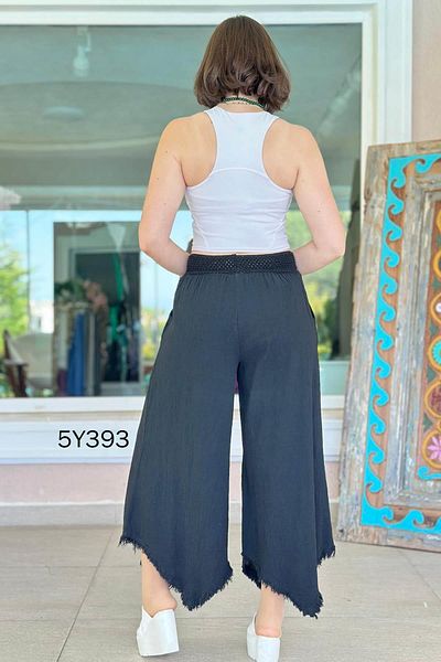 İnce Topuk Feather Embroidered Loose Linen Trousers 5Y393