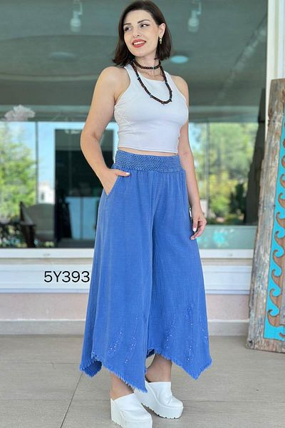 İnce Topuk Feather Embroidered Loose Linen Trousers 5Y393