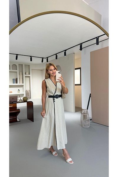 Sezgi Tekin Belted Piping Detail Natural Linen Dress