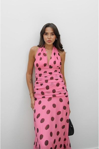 Havoş Pink Polka Dot Tie Dress