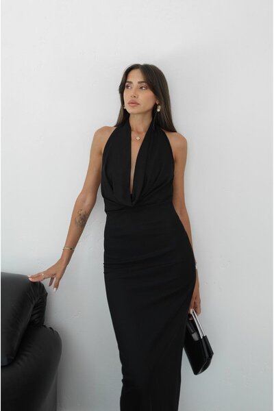 Havoş Black Draped Halter Dress