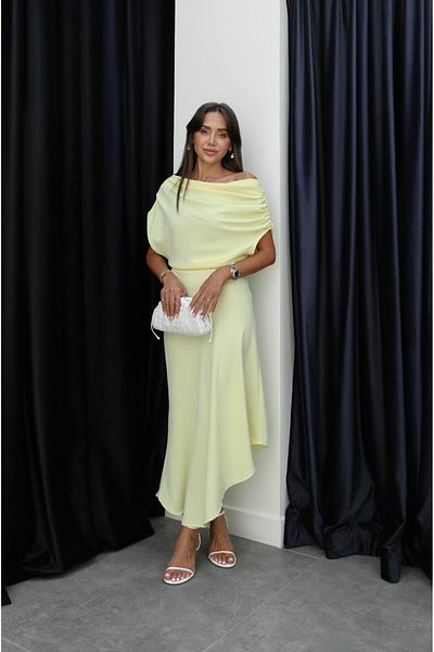 Havoş Yellow Long Dress with Drawstring Detail on the Shoulders