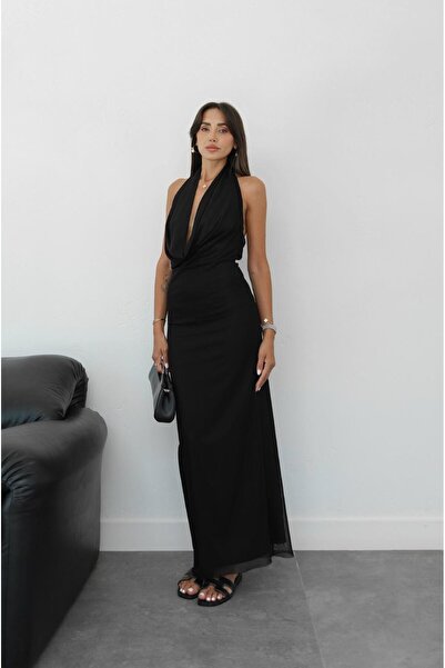 Havoş Black Draped Halter Dress