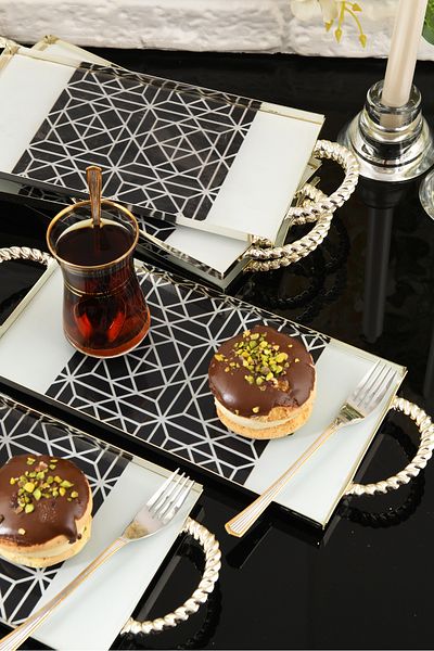 HELVACIOĞLU AKSESUAR 6 Pieces of Handled Cake, Cake, Baklava, Cookies, Tea Presentation Tray 12X25 cm Silver