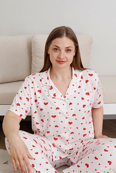 pijamacity Battal Beden Kadın Desenli Düğmeli Pijama Takımı