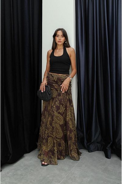 Havoş Bitter Brown Shawl Pattern Chiffon Skirt