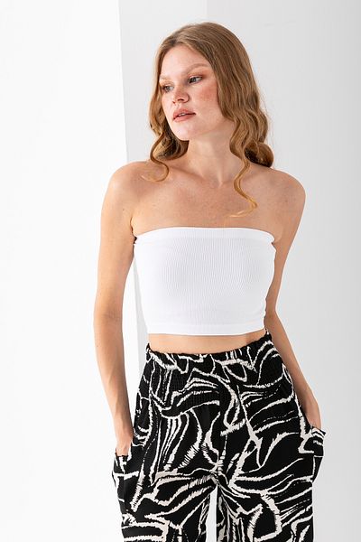 GİYSA Women's Strapless Neck Ribbed Crop White - Ms0000245