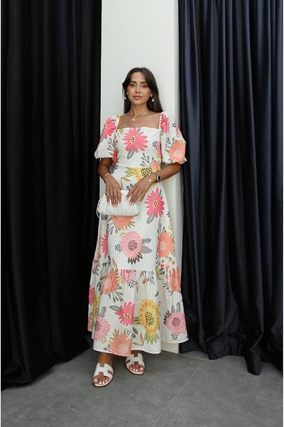 Havoş White Watermelon Sleeve Floral Linen Dress