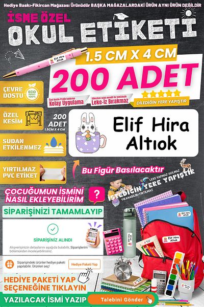 FİKİRCAN Fikircan-Name Custom School Label-Kawai̇ Rabbit 200 Pieces - Odorless Ecological Ink Pvc Label